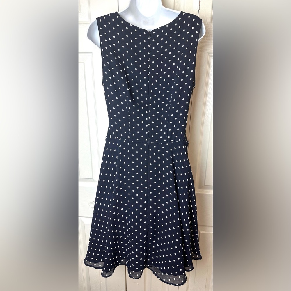 JOSEPH RIBKOFF Polka Dot Dress Navy Blue White Fit & Flare Wrap Tie Bow Waist - Picture 7 of 11